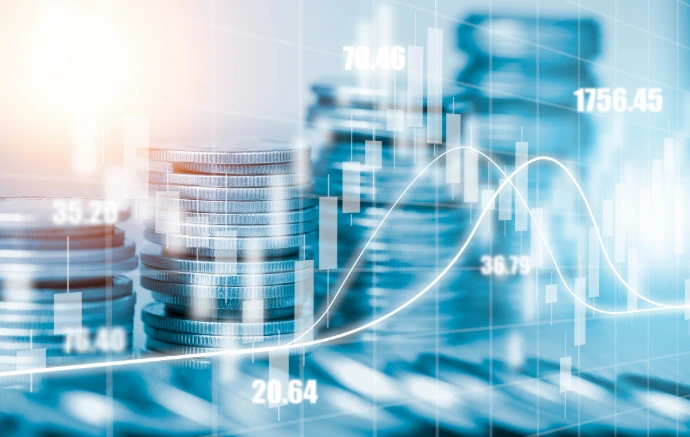 Futuristic data visualization of rising profits and market trends.